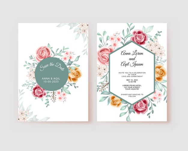 Rose Pink Yellow Wedding invitation template Green card