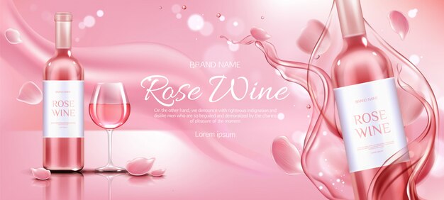 Rose wine bottle and glass advertising promo banner