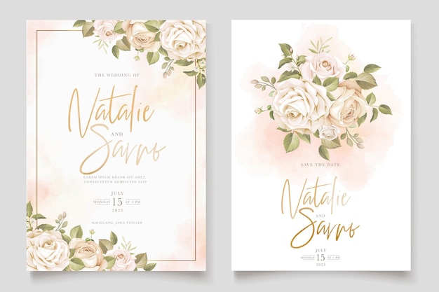 roses flower and leaves wedding invitation card set