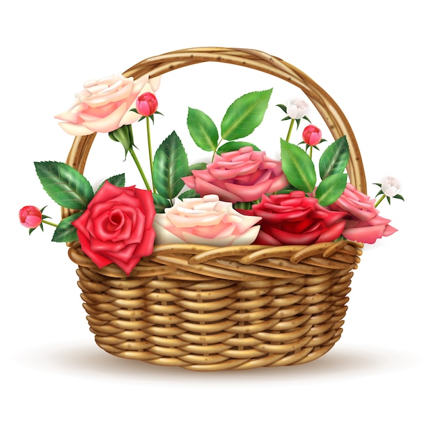 Roses Flowers Wicker Basket Realistic Image 