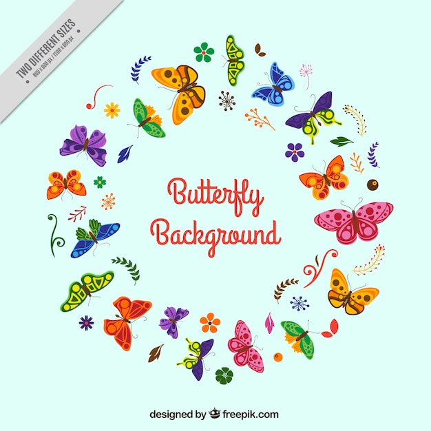 Round background of colorful butterflies in flat design