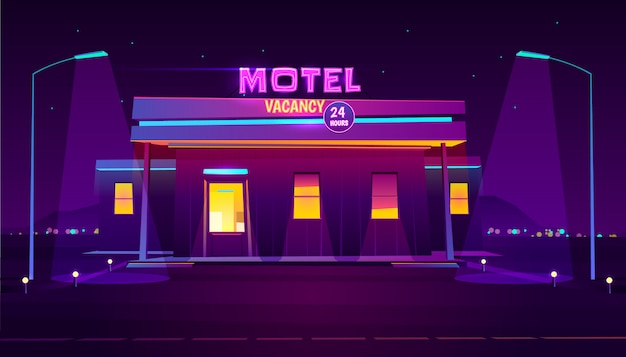 Round the clock, roadside motel with car parking, glowing at night 