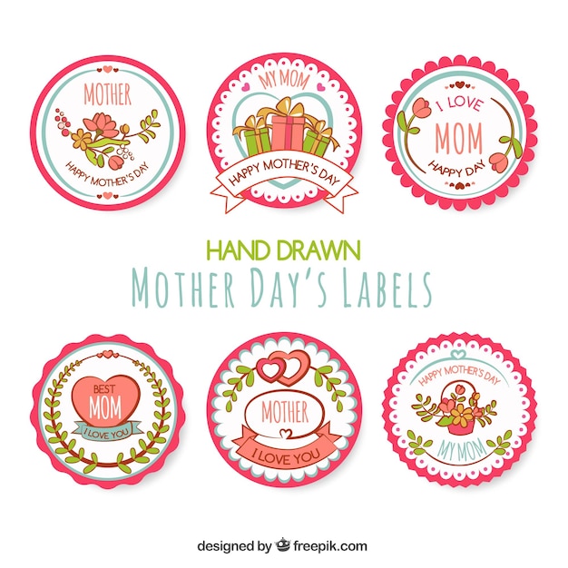 Round labels in hand-drawn style for mother's day