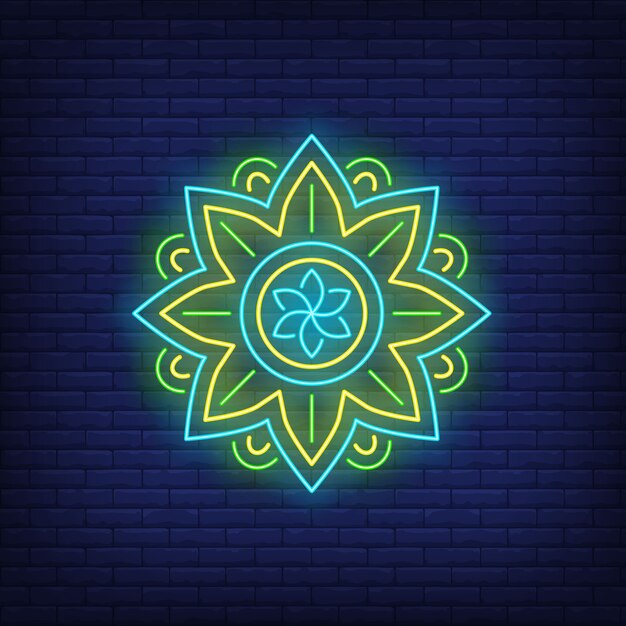 Round mandala pattern neon sign. Meditation, spirituality, yoga.