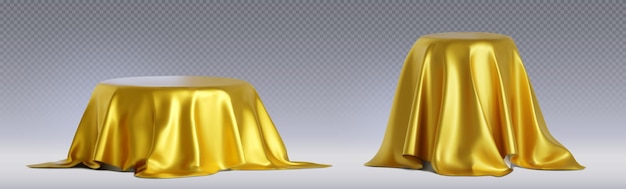 Free Vector round podium under golden satin drapery