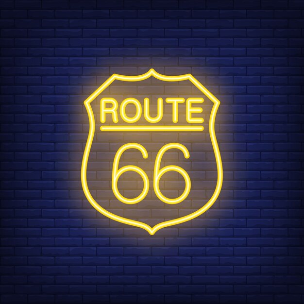 Route sixty six badge. Neon style on brick background. USA banner. 