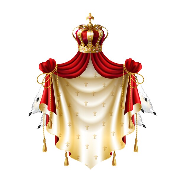 royal baldachin with gold, crown, jewelry and fringe fur isolated on white background.