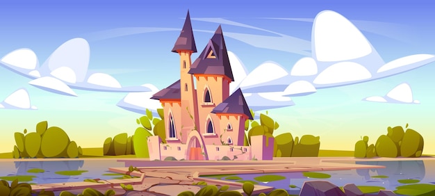 Free Vector royal castle with gates windows and towers path to entrance to fairytale medieval palace for king queen and princess cartoon vector landscape with trees and bushes clouds in sky and chateau