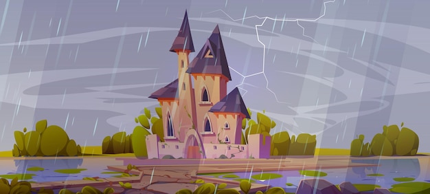 Free Vector royal castle with gates windows and towers in rainy weather path to entrance to fabulous medieval palace for king queen and princess cartoon gloomy vector landscape with cloudy sky and lightning