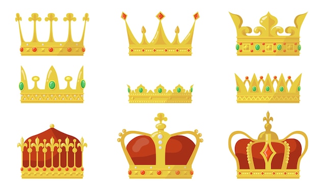 Free Vector royal crown set. king or queen authority symbol, gold jewel for prince and princess.