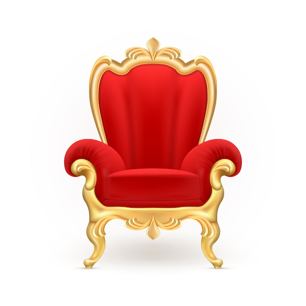 Royal throne, luxurious red chair with carved golden legs isolated on background.