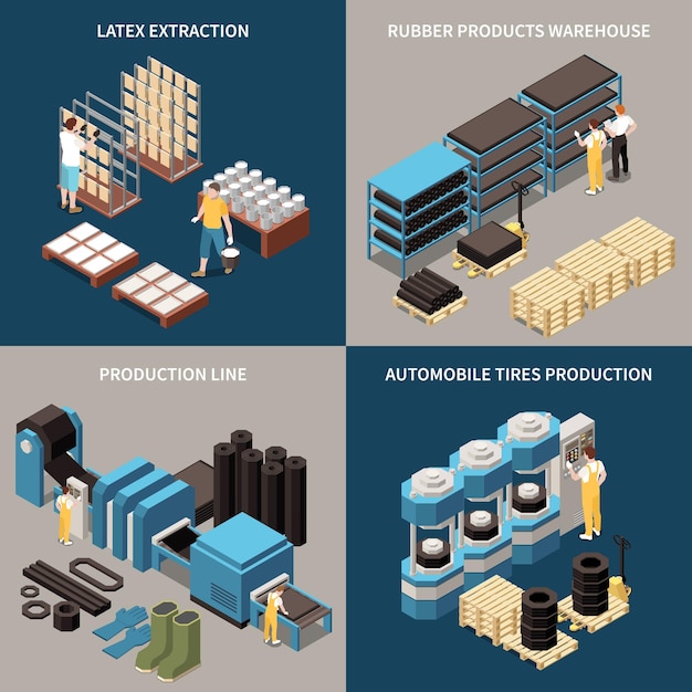 Rubber production technology 2x2 design concept set of latex extraction warehouse production line automobile tires square icons isometric vector illustration