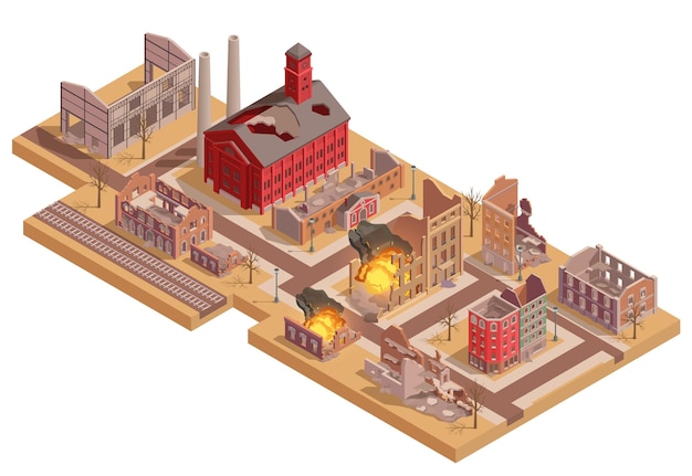 Free Vector ruined burning buildings in destroyed city isometric vector illustration