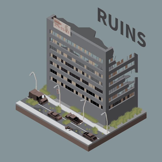 Ruins isometric grey background with post apocalypse destroyed empty multistoried city building illustration