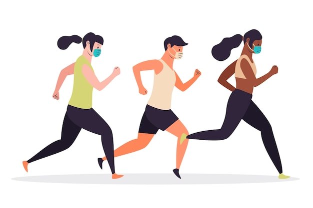 Free Vector runners with medical masks