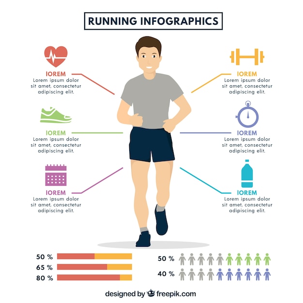 Running infographic with man and colored elements in flat design