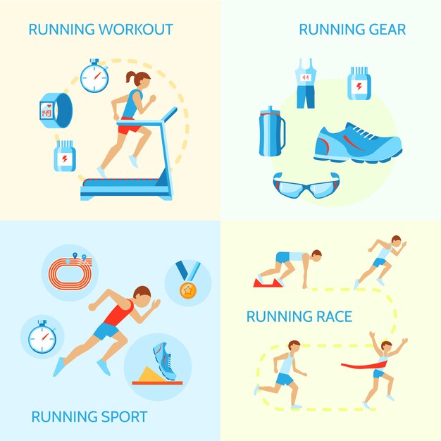 Running jogging composition of workout gear sport race icons isolated vector illustration