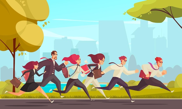 Free Vector running people who are late for work at urban skylines cartoon