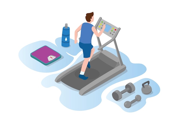 Running treadmill man with exercise tools with modern isometric style vector illustration