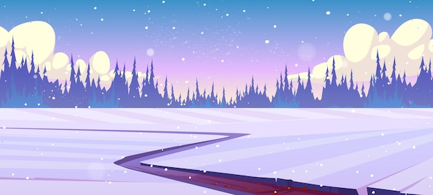 Free Vector rural landscape with fields, road and coniferous forest in winter. vector cartoon illustration of countryside with path in snow and trees silhouettes on horizon