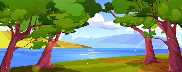 Free Vector rural landscape with lake fields trees