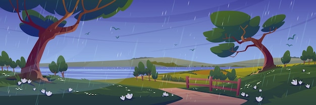 Free vector rural scene with fields river and trees in rain