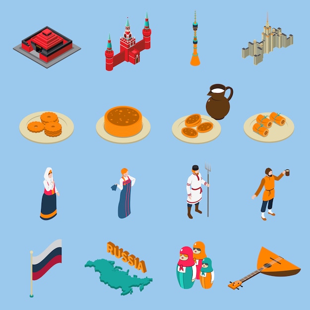 Russia Isometric Touristics Icons Set