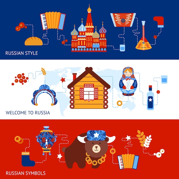 Russia travel style symbols banner set with traditional national elements icons set vector illustration