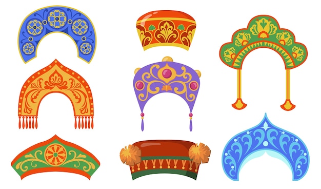 Free vector russian national lady hat flat item set. cartoon kokoshniks for ethnic folk costume isolated vector illustration collection. headdress and russia concept