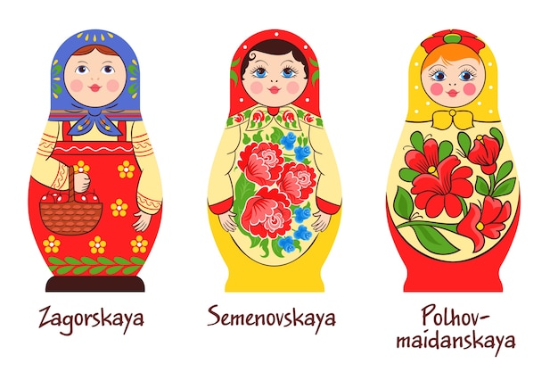 Russian traditional matryoshka set of three isolated images with different stacked dolls with different colouring artworks