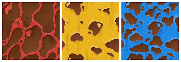 Free Vector rusty metal texture with holes rust game design vector seamless background covered with red yellow and blue paints and ferruginous spots on rough metallic surface iron cartoon illustration set