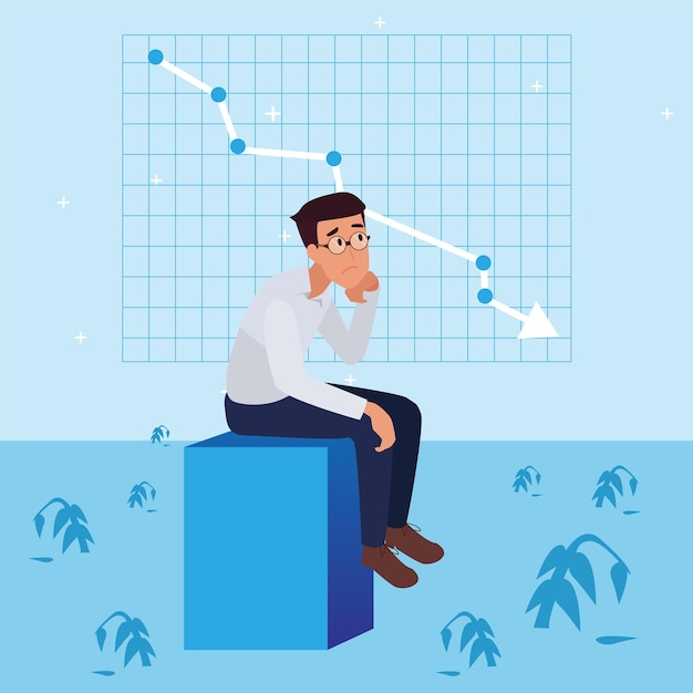 Free vector sad   corporate man worried about failure & decreasing business, leadership success and career progress concept, flat   illustration, business man.