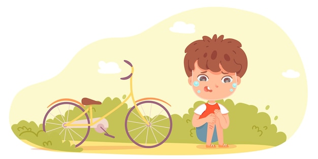 Sad crying boy fell from bike little child sitting on ground in park putdoor leg hurting with pain Sad upset kid in trouble ride in holiday problem