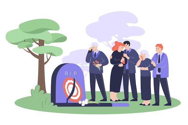 Free Vector sad family in mourning clothes crying near tombstone. cartoon people standing next to headstone in graveyard flat vector illustration. funeral, death concept for banner, website design or landing page