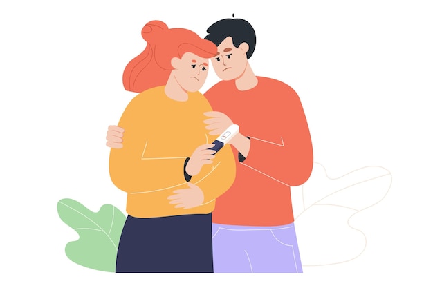 Sad man hugging woman holding pregnancy test. Infertile couple, male and female characters with problem flat vector illustration. Fertility concept for banner, website design or landing web page