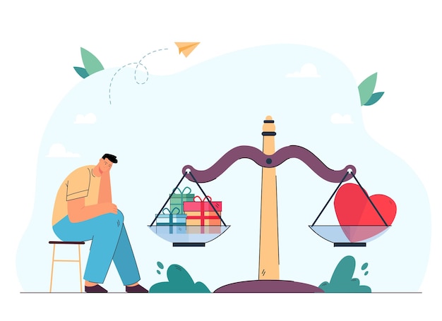 Sad man sitting next to scales with presents and heart. Balance between gift boxes and feelings flat vector illustration. Love, relationship, Valentine day concept for banner, website design or landin