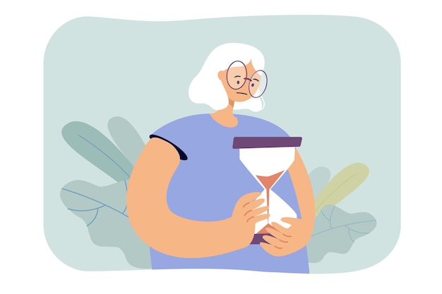 Free vector sad old woman holding hourglass