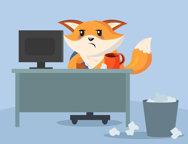 Sad and tired cartoon fox character sitting in office