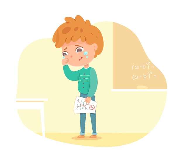 Free Vector sad upset kid in school with bad mark on paper school education boy crying after receiving bad grade on test or homework