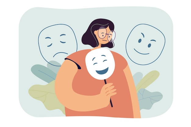 Free vector sad woman hiding emotions under mask flat  illustration.