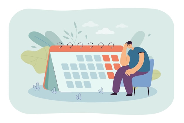 Free Vector sad worker or student sitting on chair in front of big calendar. male cartoon character thinking about work flat vector illustration. deadline, organization, stress concept for banner, website design