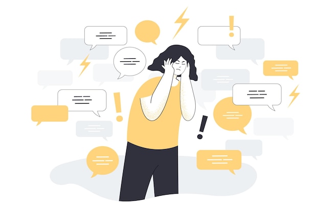 Free Vector sad young woman surrounded by speech bubbles covering ears with hands to stop information noise. social media telling news full of hoax flat vector illustration. disinformation, advertising concept