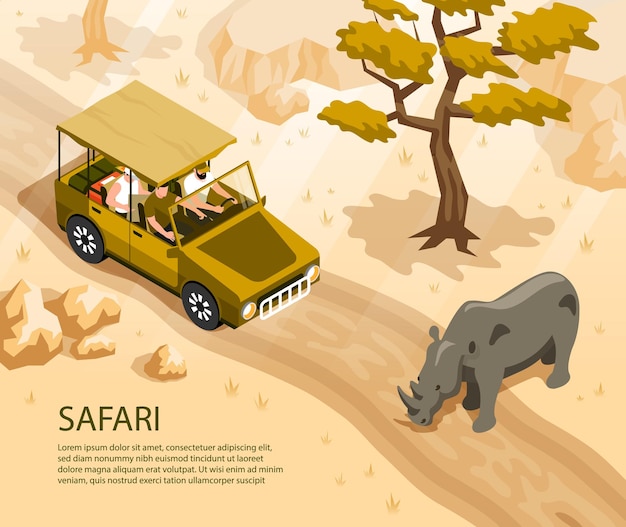 Safari car with tourists and rhino crossing road 3d isometric