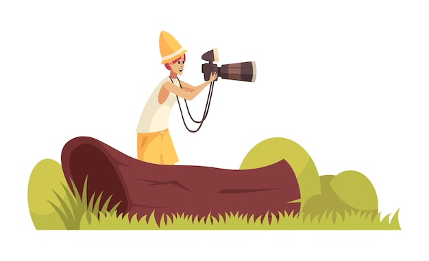 Free Vector safari composition with outdoor scenery and human character shooting with photo camera vector illustration