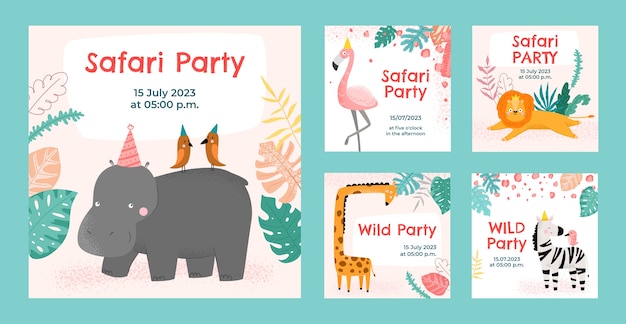 Free Vector safari party with wild animals instagram posts collection