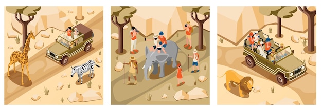 Free Vector safari tourist composition set with wild animals symbols isometric isolated vector illustration