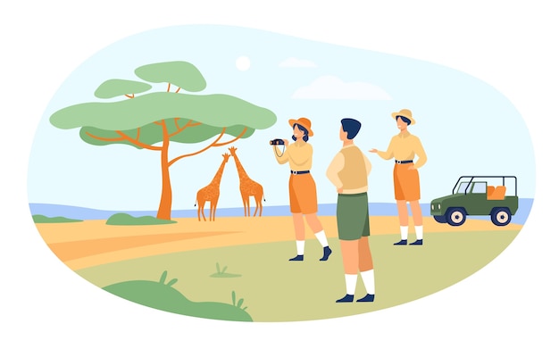 Free Vector safari tourists enjoying adventure travel, watching animals and taking pictures of african landscape, flora and fauna. vector illustration for jeep tour in kenya, savannah, journey 