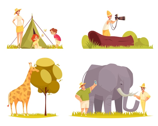 Free vector safari travel concept flat funny compositions with giraffe eating tree leaves family outside tent