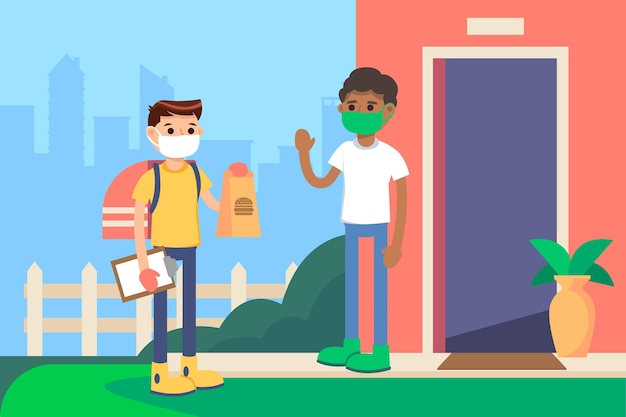 Safe food delivery with people wearing masks