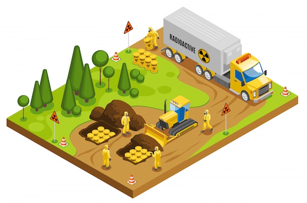 Safe radioactive toxic waste management storage transportation and disposal in underground geological repository isometric composition